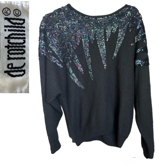 De Rotchild Sweaters - Vintage De Rotchild Black Sequin Sweater|1980s Iridescent Icicle Design Sz Large